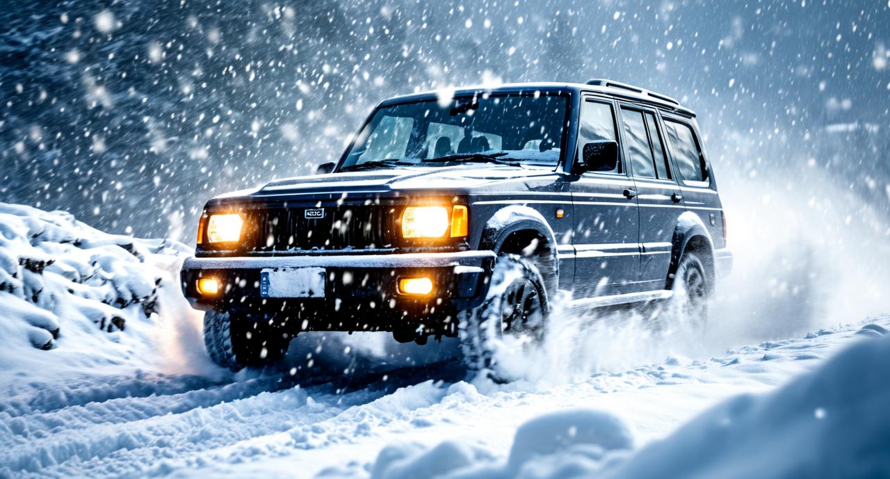 冬日生活打卡季在纷飞的雪花中，一辆深色SUV艰难前行，车轮扬起雪雾，仿佛在与恶劣