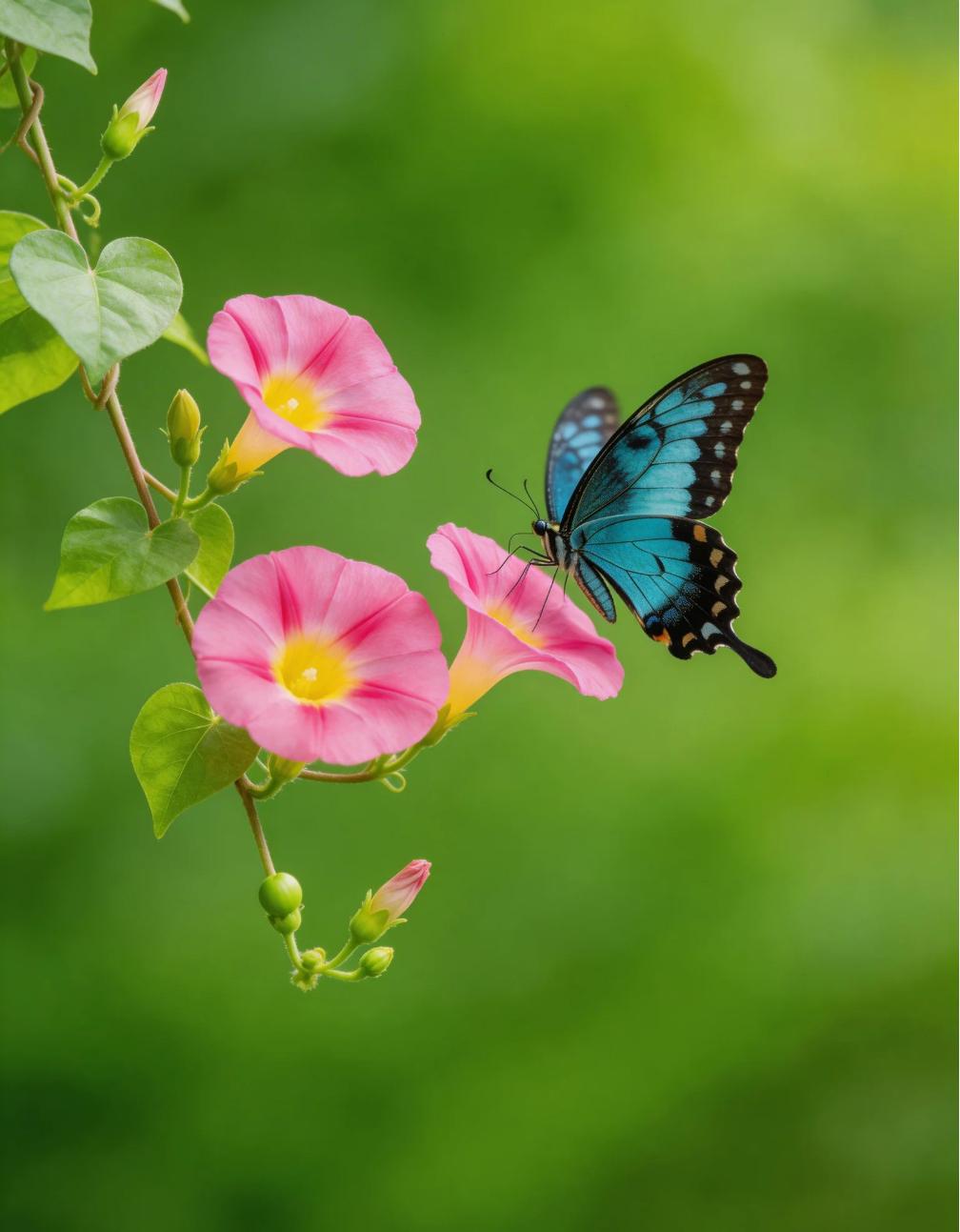 粉嫩花朵与蓝黑蝴蝶的梦幻邂逅，自然之美尽收眼底。🌸🦋