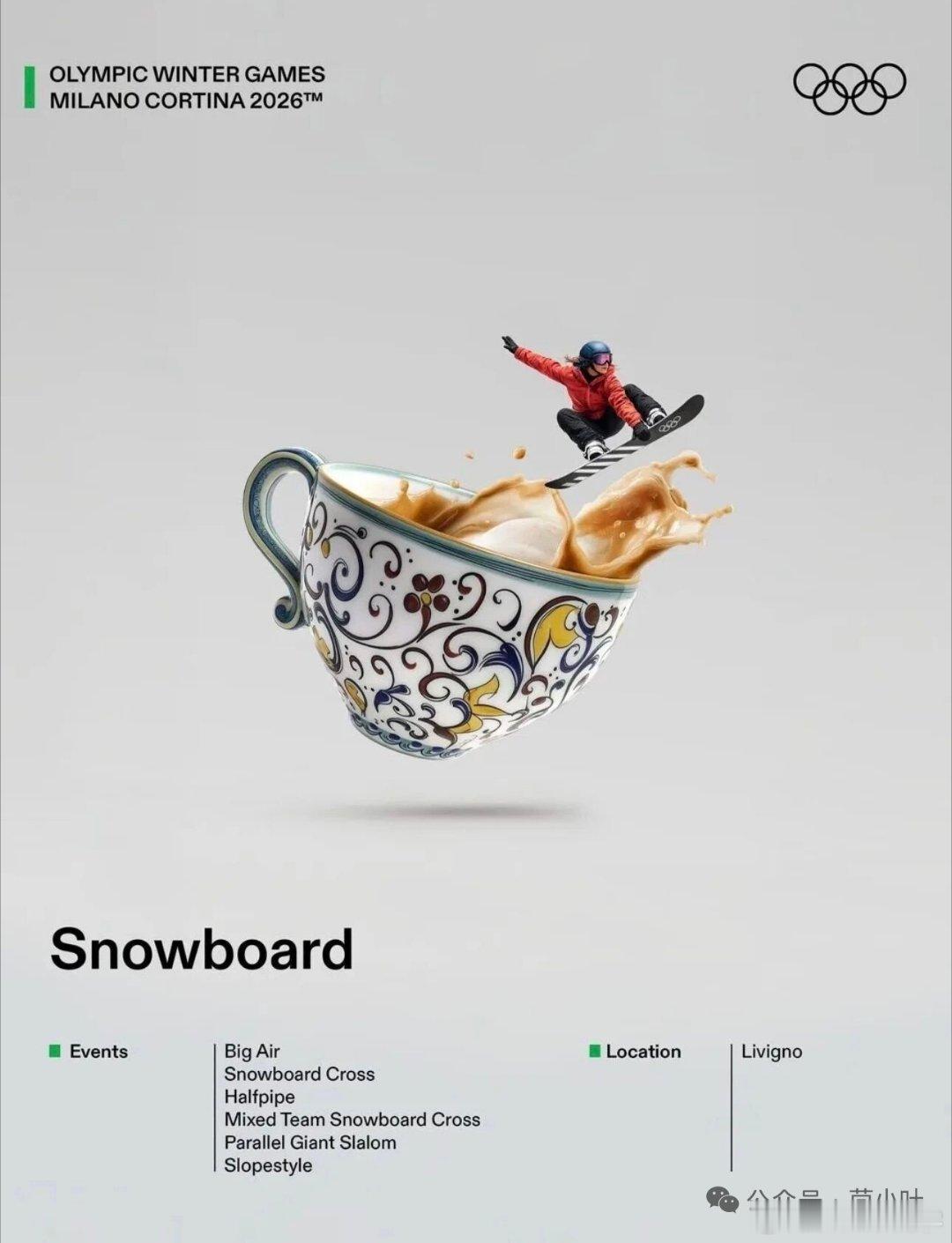 2026米兰冬奥会海报，美食与冬奥完美融合。奶酪、提拉米苏、摩卡壶、咖啡、冰淇淋