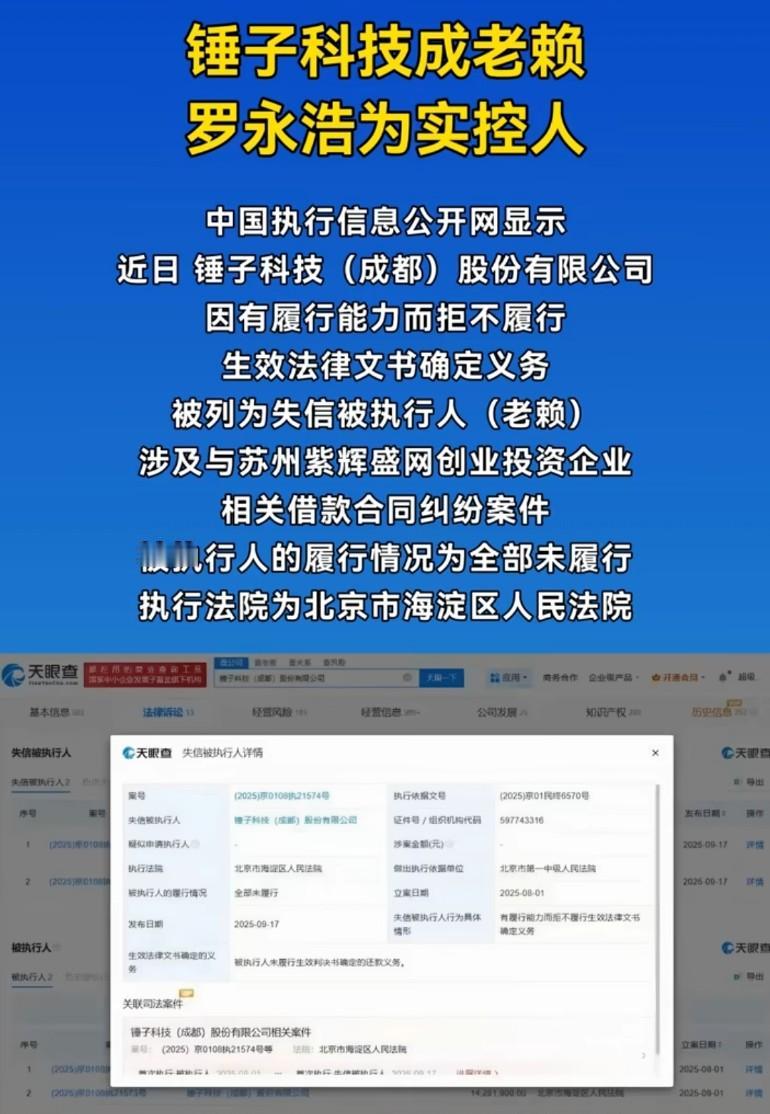 锤子科技成老赖，罗永浩为实控人，西贝开始反击了！看时间，这个是最近的
8个亿，还