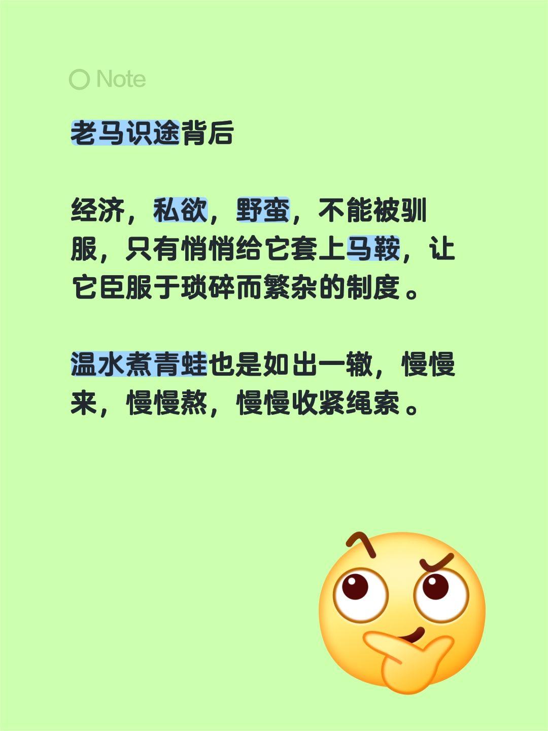 老马识途背后

经济，私欲，野蛮，不能被驯服，只有悄悄给它套上马鞍，让它臣服于琐