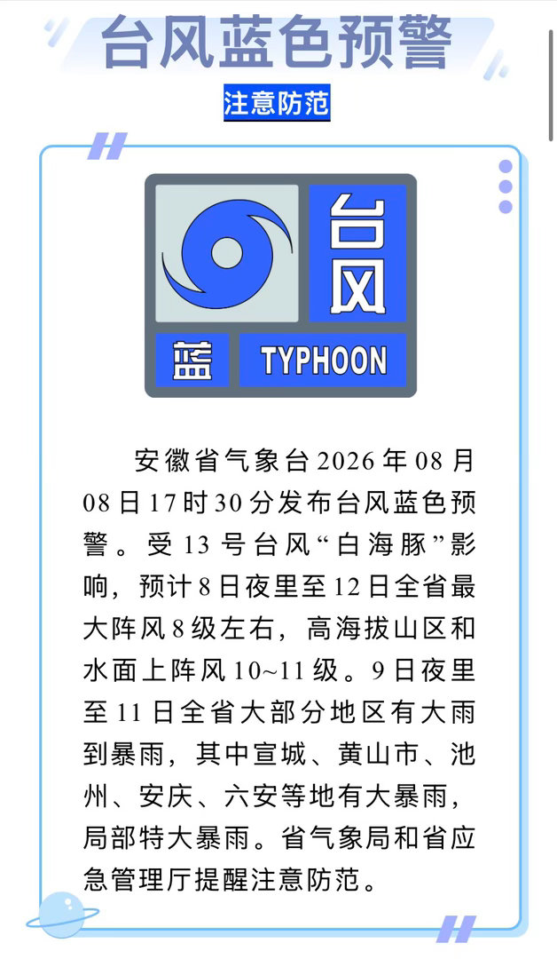 【#安徽发布台风蓝色预警#】#台风白海豚影响安徽# 安徽省气象台2026年08月