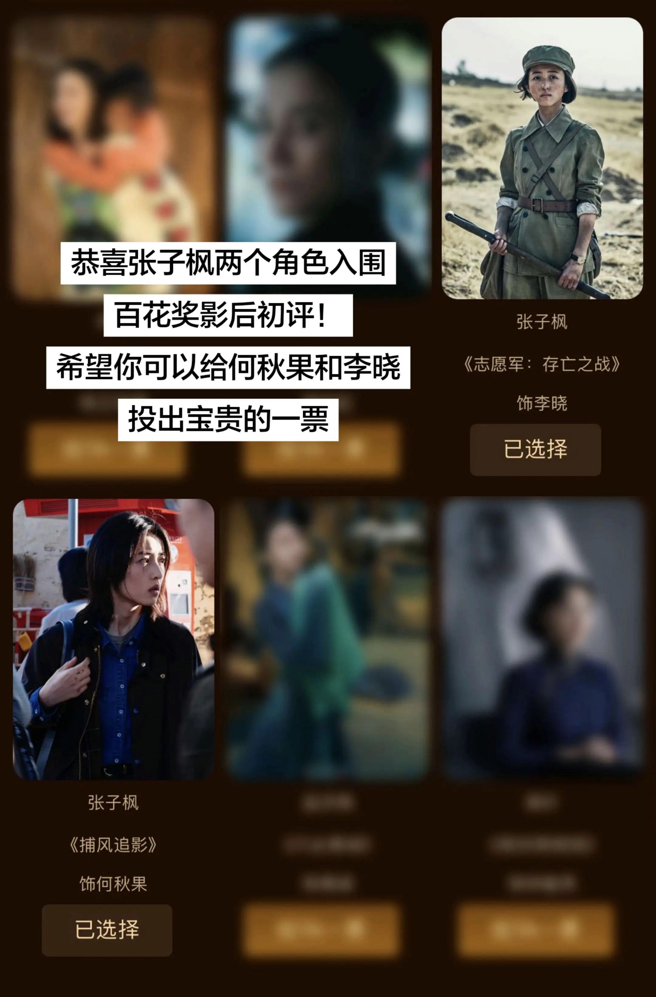 恭喜张子枫两个角色入围百花奖影后初评！