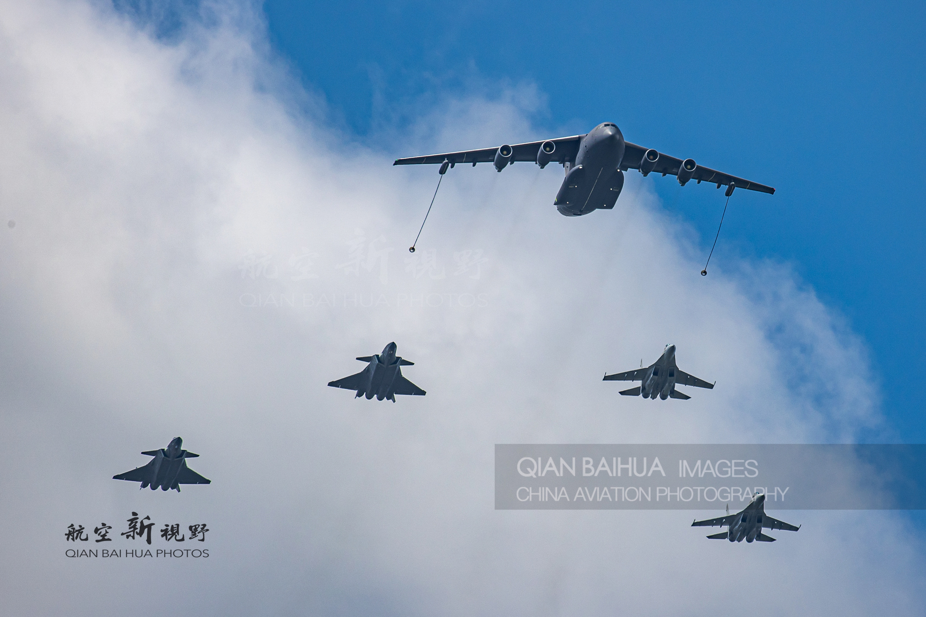 #航空新视野[超话]# 我国空军高级军用飞机编队：图片为国产运油-20加油机，两