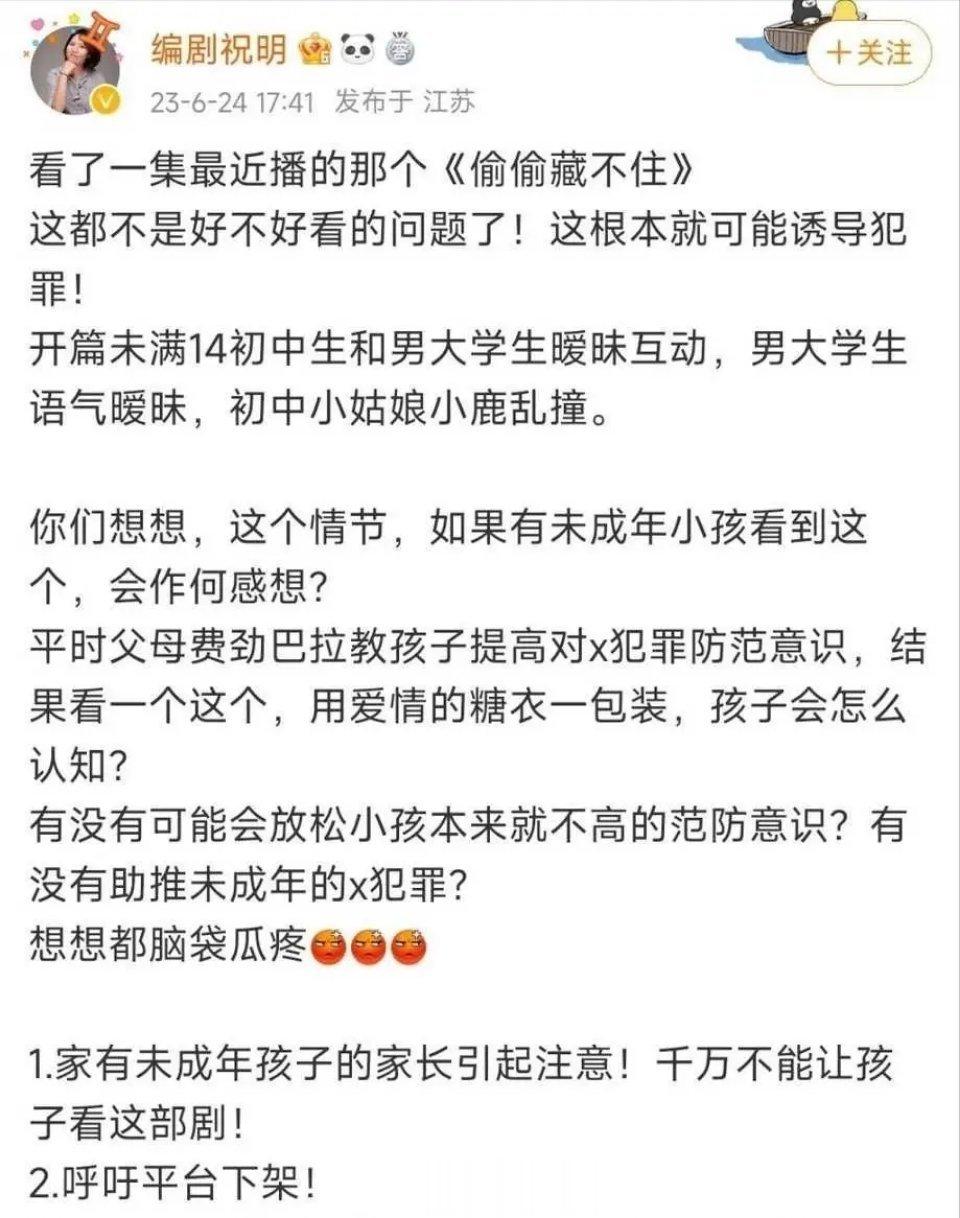 编剧祝明呼吁下架《偷偷藏不住》，理由是有些情节可能会引诱犯罪。他指出：“开篇就是
