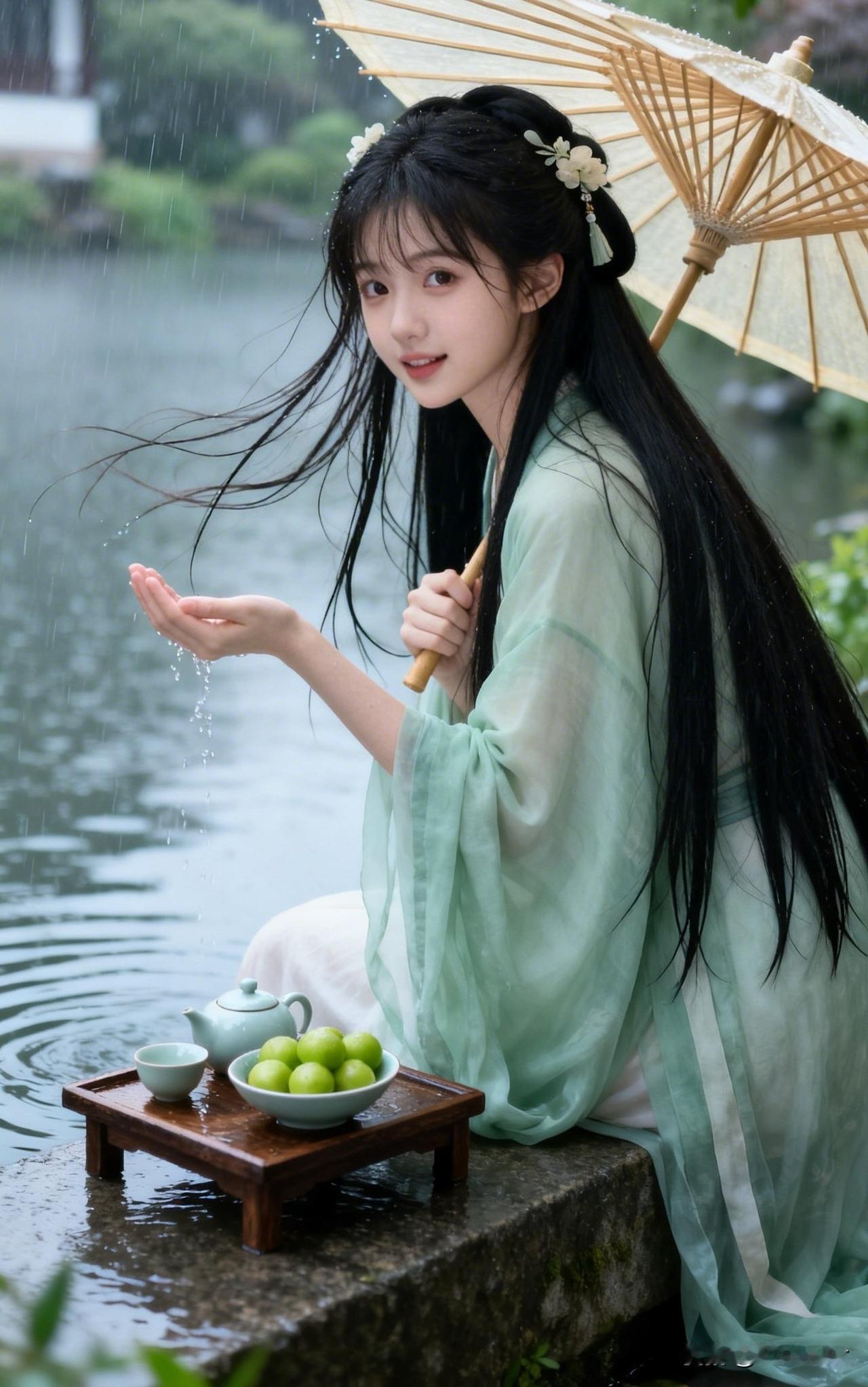 雨中少女，轻抚碧波，伞下悠然，绿意盎然。