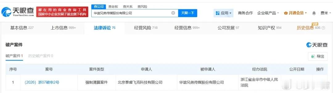 界面新闻报道，华谊兄弟被申请破产案获法院受理。华谊兄弟传媒股份有限公司新增一则破