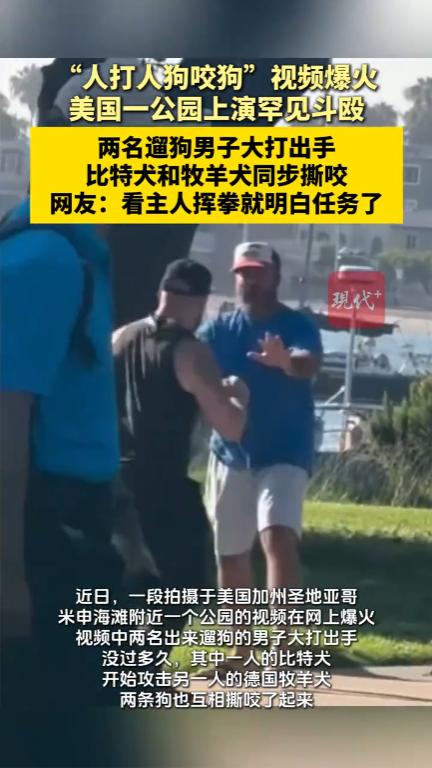 “人打人狗咬狗！”美国加州，圣地亚哥一处滨水公园内出现了人狗混战的惊人一幕。两名