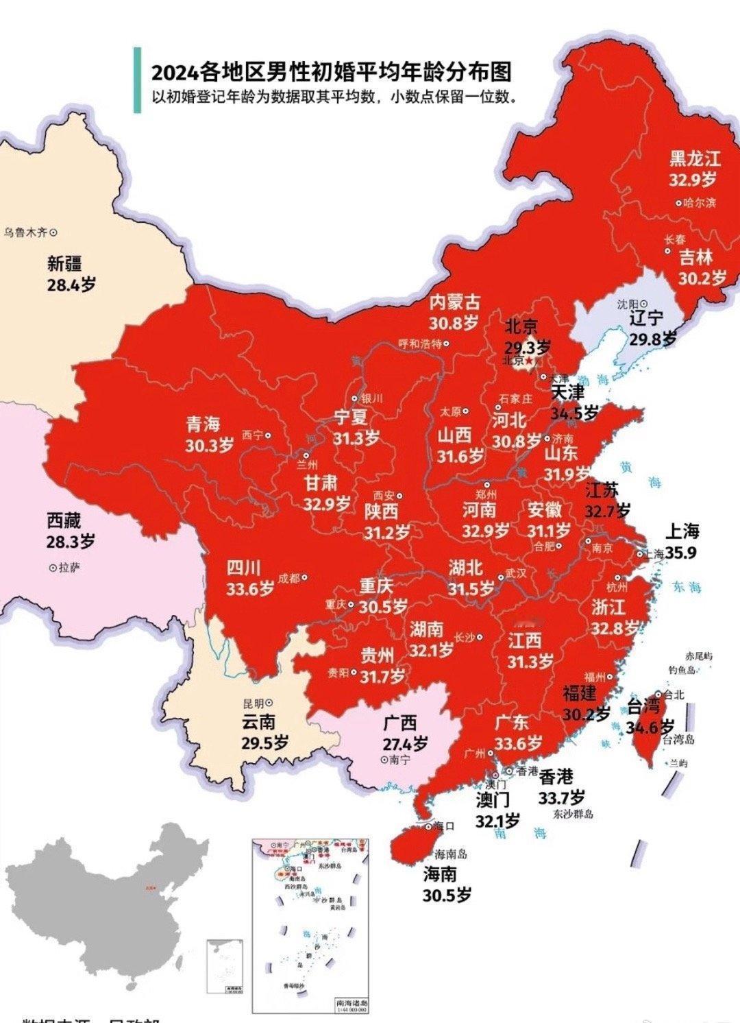 2024年全国各地的男女初婚年纪基本都破30了。
我去搜了下数据来源，没有找到。