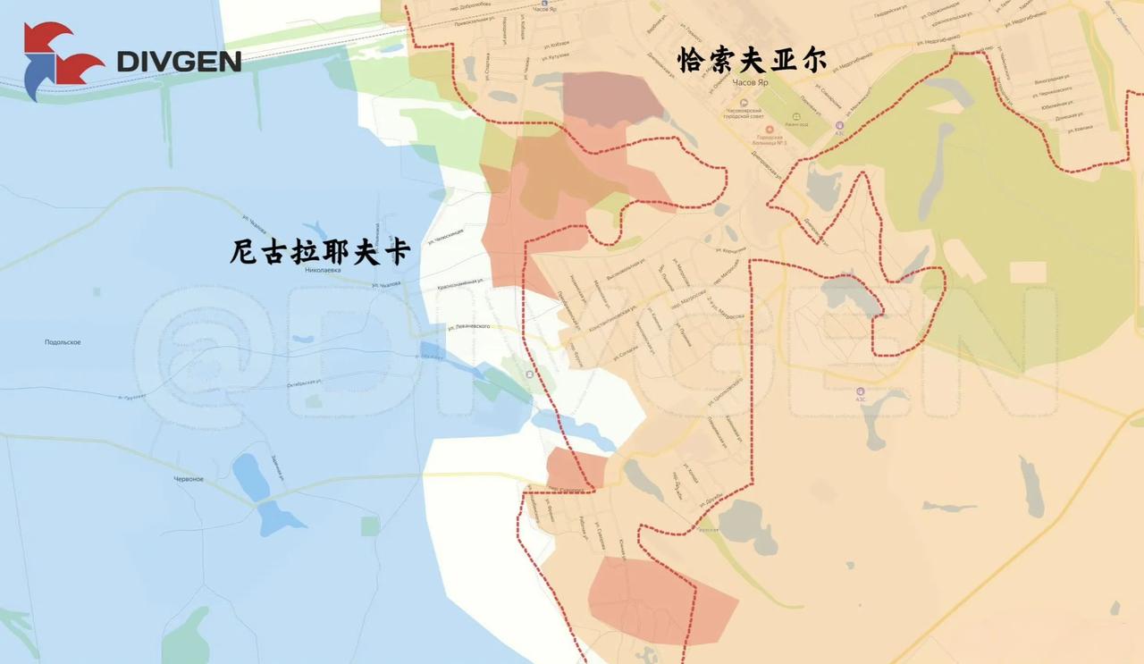 恰索夫亚尔即将完全被俄军控制。图中红色虚线是恰城的区域，可以看出俄军都已经打出恰