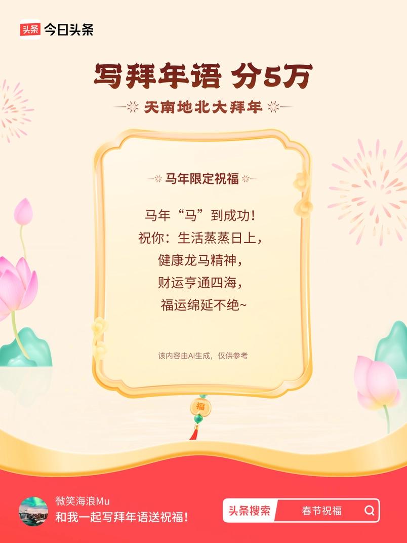 写拜年语送祝福新春拜年送祝福！我的祝福是：“马年“马”到成功！祝你：生活蒸蒸日上