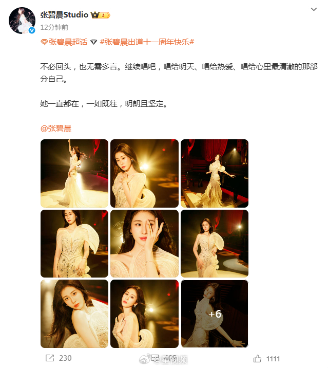 【张碧晨方说无需多言】7月26日，发文纪念张碧晨出道11周年，“不必回头，也无需