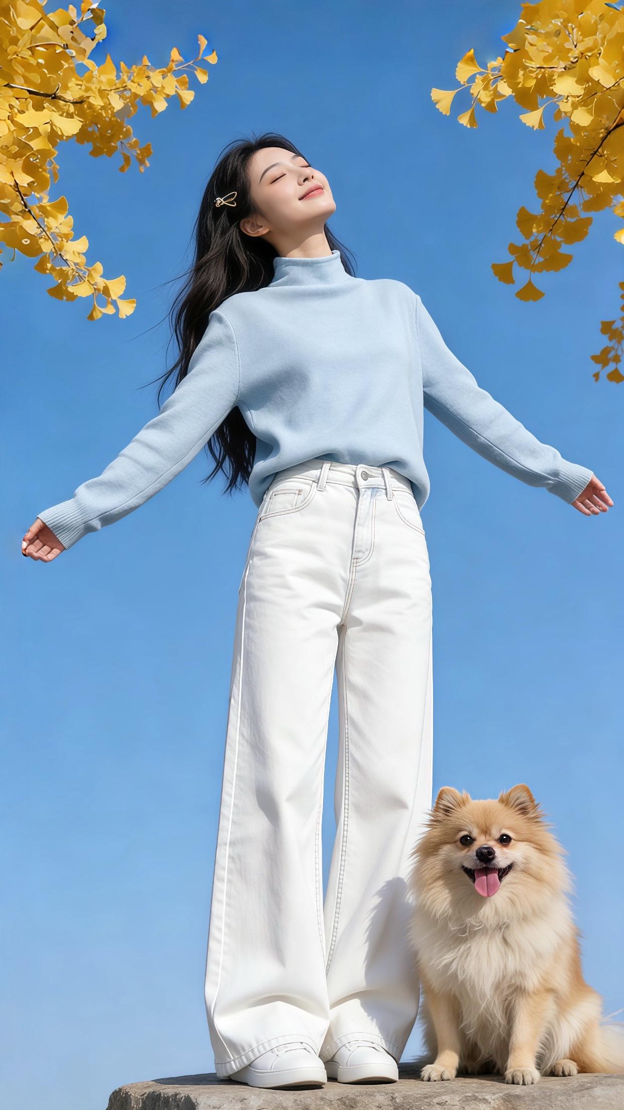 浅蓝高领打底衫➕奶白阔腿裤的搭配，清清爽爽的感觉像是把蓝天穿在身上，温...