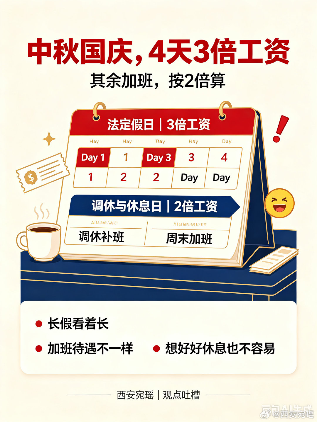 中秋国庆共4天3倍工资中秋国庆假期，一共只有4天能拿到3倍工资，其余加班只能算2