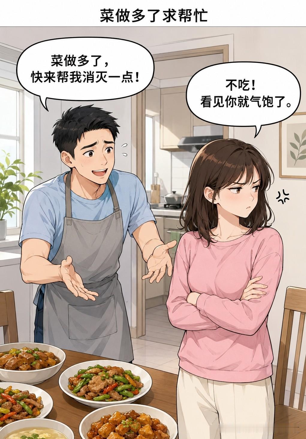 趣味漫画：我嚷：菜做多了，快来帮我消灭一点！老婆哼：不吃！看见你就气饱了。我赔笑