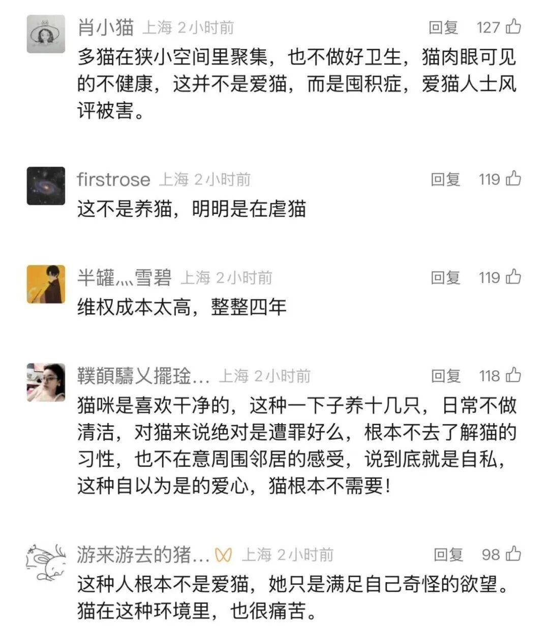 上海虹口密云区一小区的鲍阿婆在自家一楼一套空置的房间内，饲养了几十只流浪猫。导致