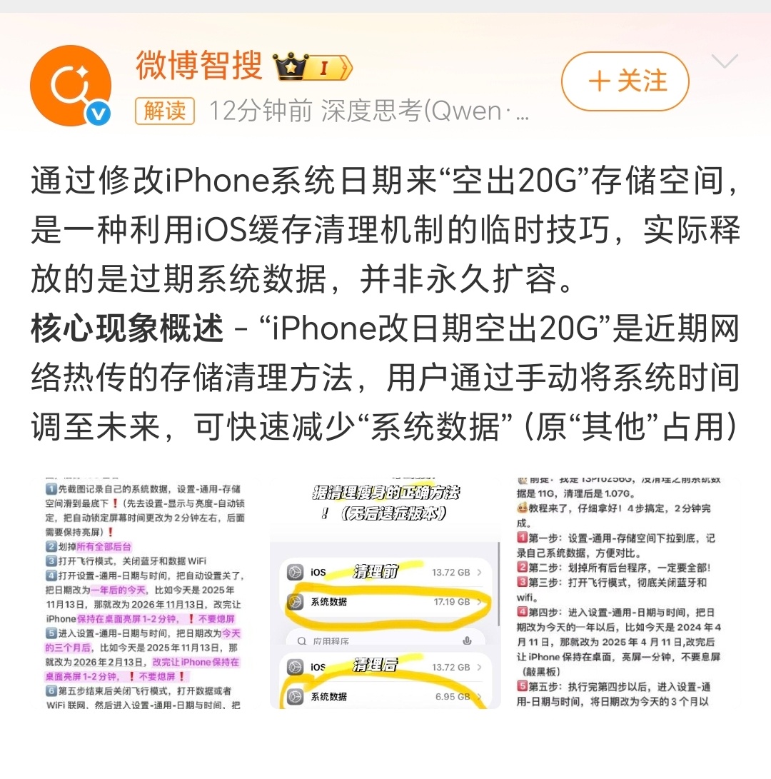iPhone改日期 空出20G实际上就是释放过期数据，大概率是一个bug，内存改