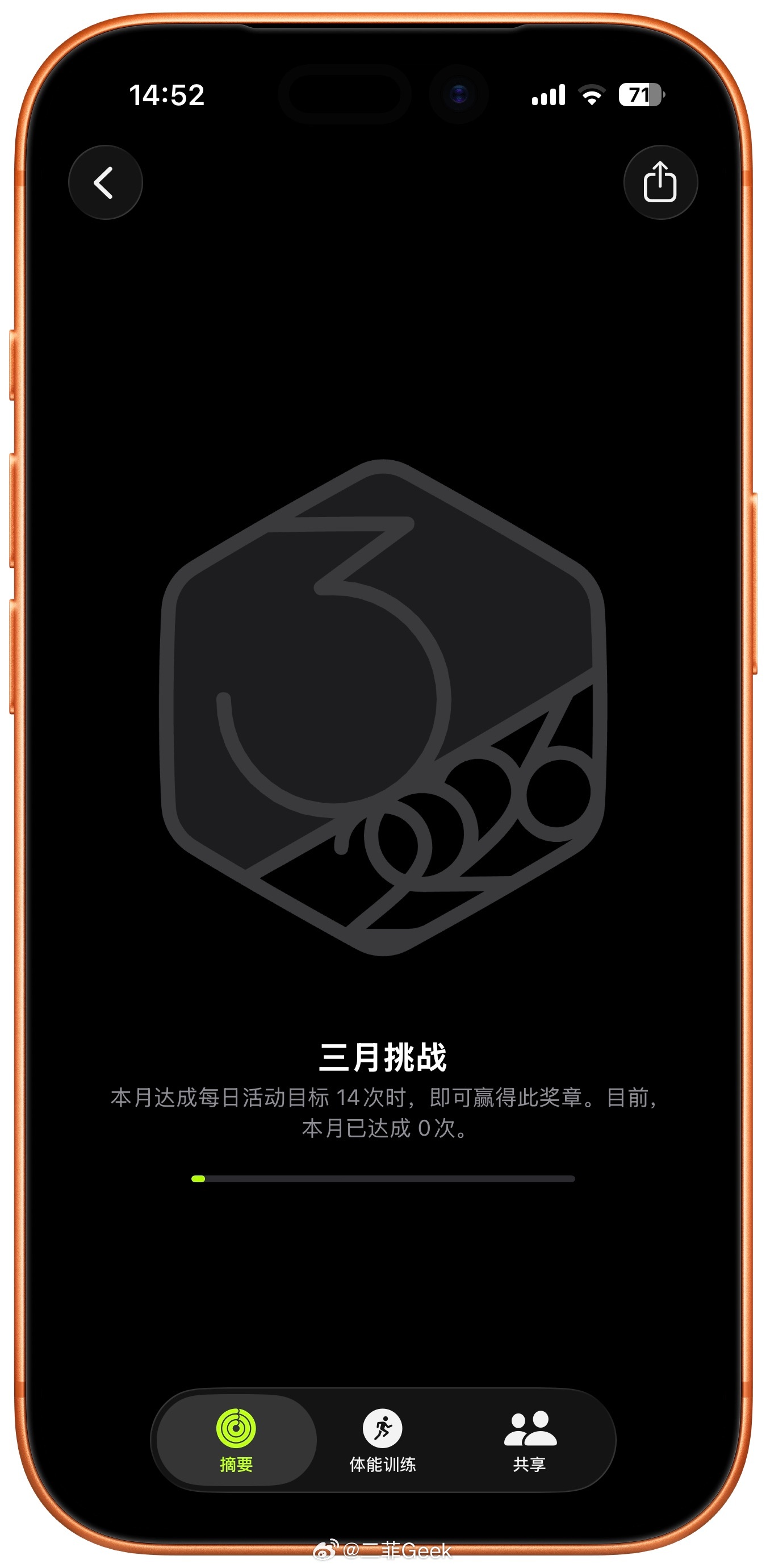 Apple Watch三月运动挑战又开始了给到的目标是达成每日活动目标14次（7