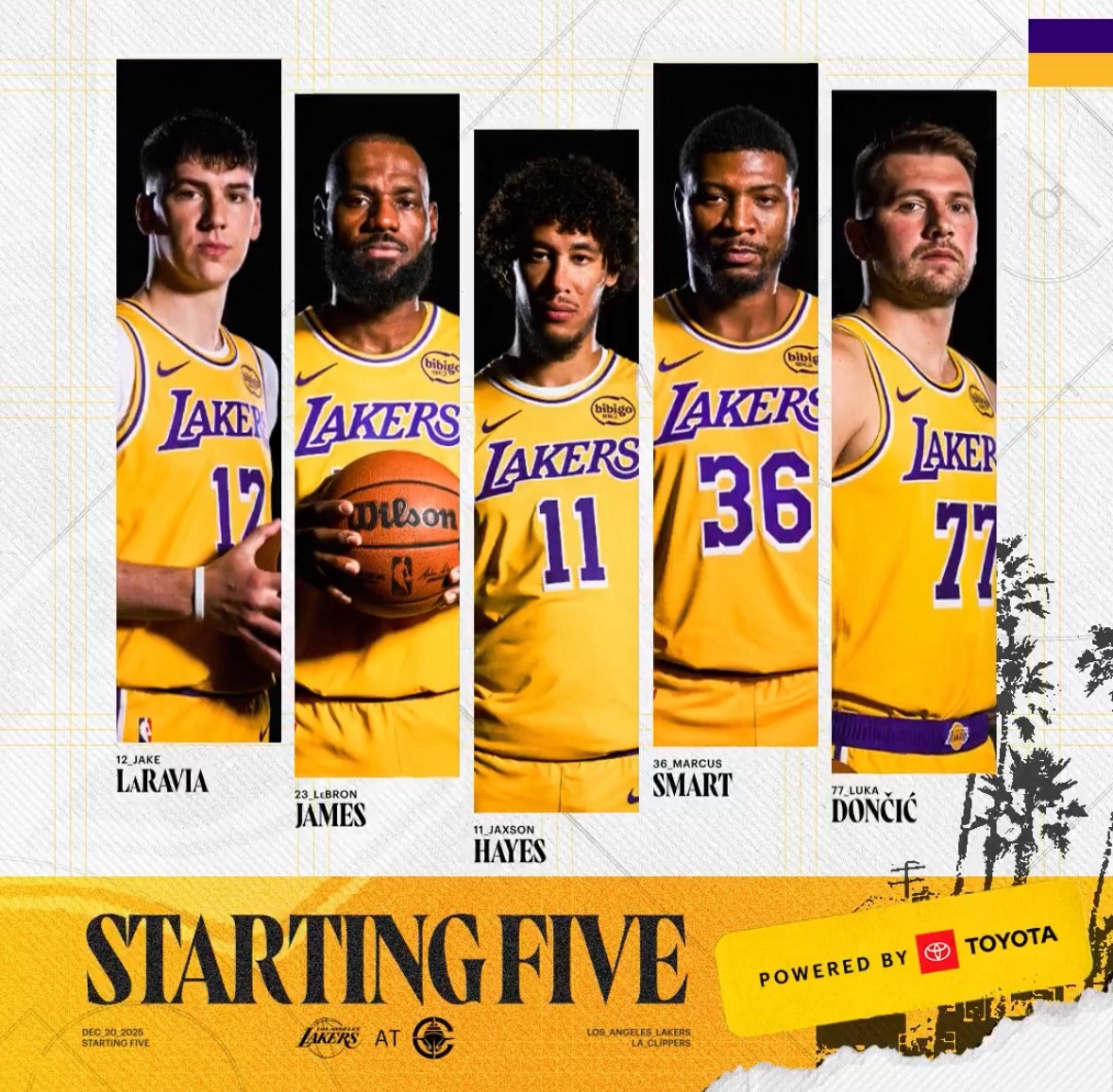 湖人首发：东契奇、斯玛特、拉拉维亚、詹姆斯、海斯 快船首发：哈登、邓恩、伦纳德、