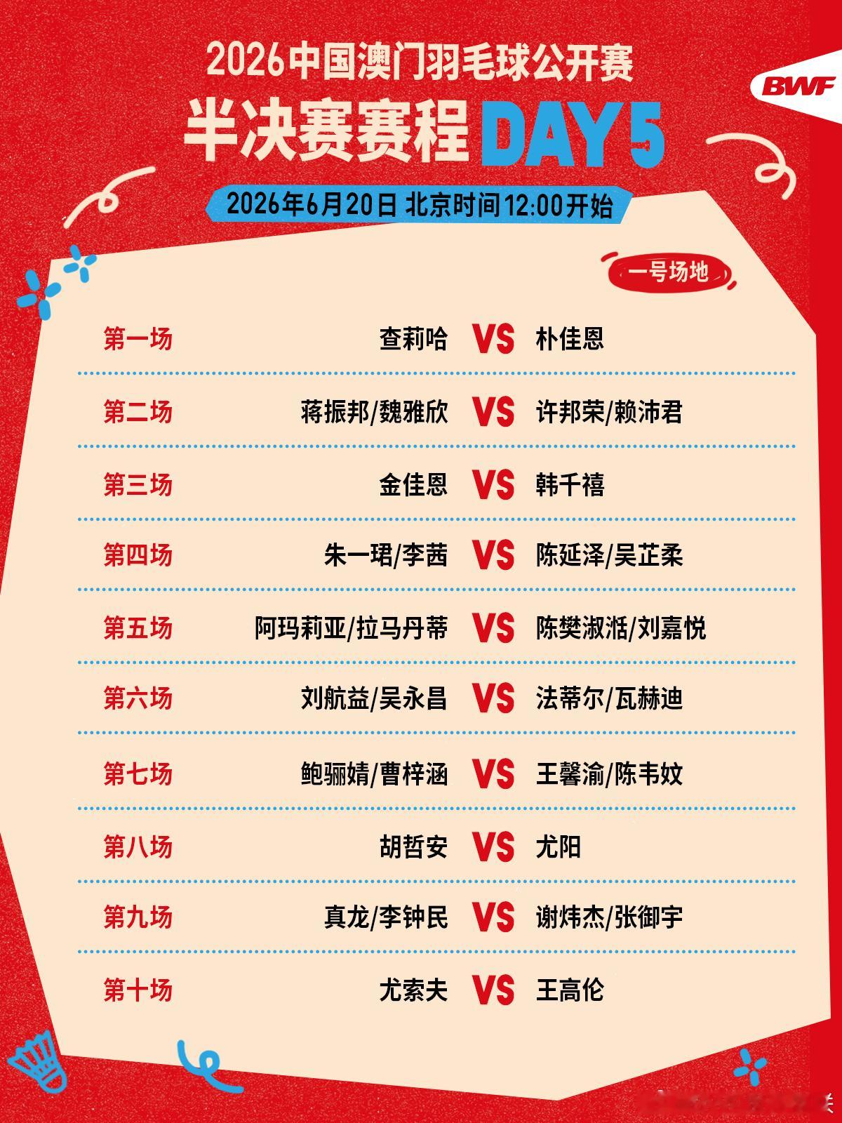 2026年中国澳门羽毛球公开赛 半决赛赛程🔥第五日赛程 中午十二点开打🏸焦点