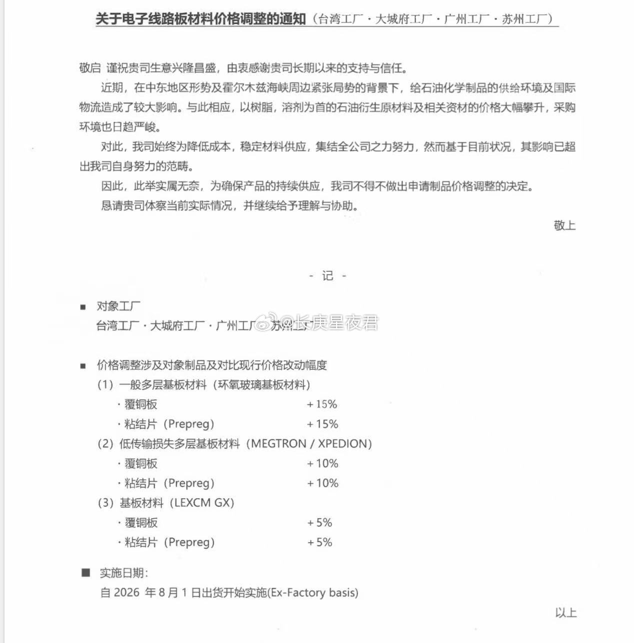 涨价通知 