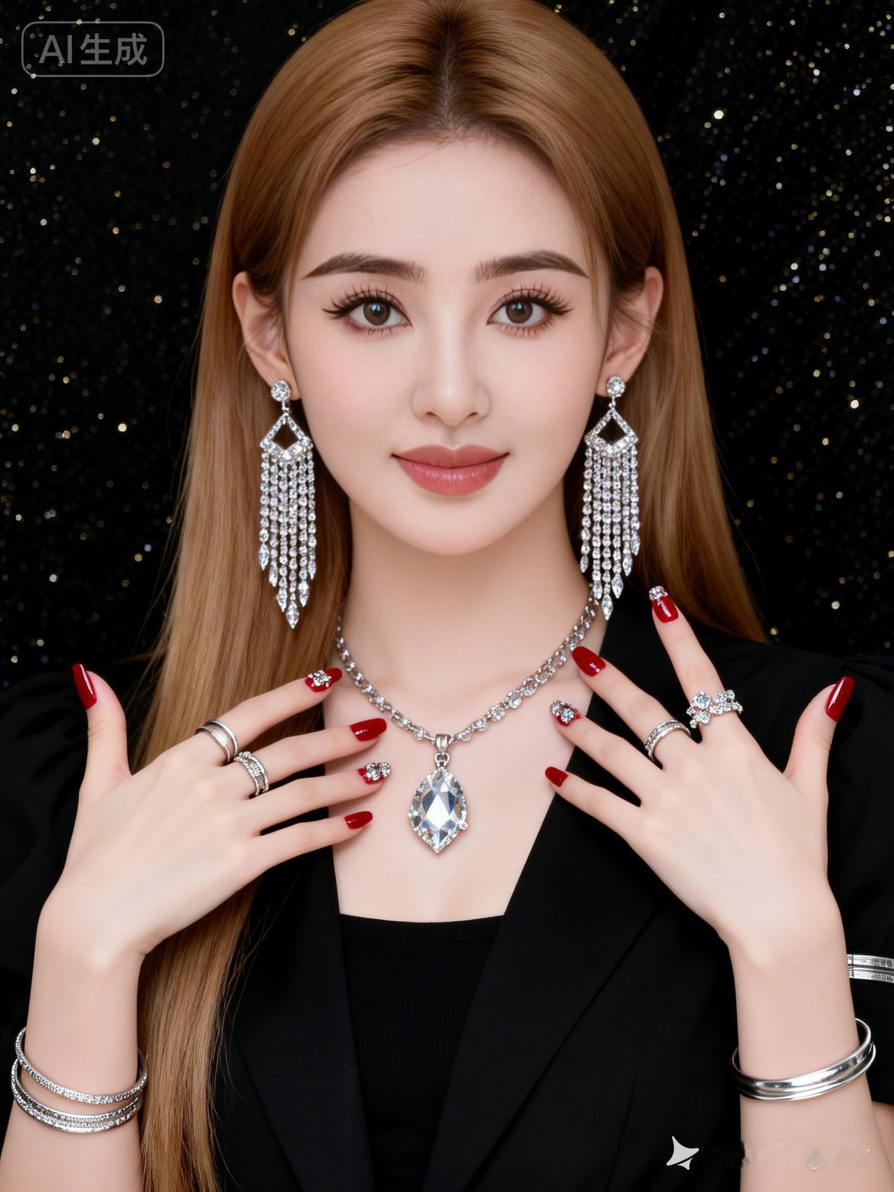 超高颜值美少女，瓷白奶油肌，金棕色长发，微醺无辜大眼。黑色小众穿搭配夸张银饰，前