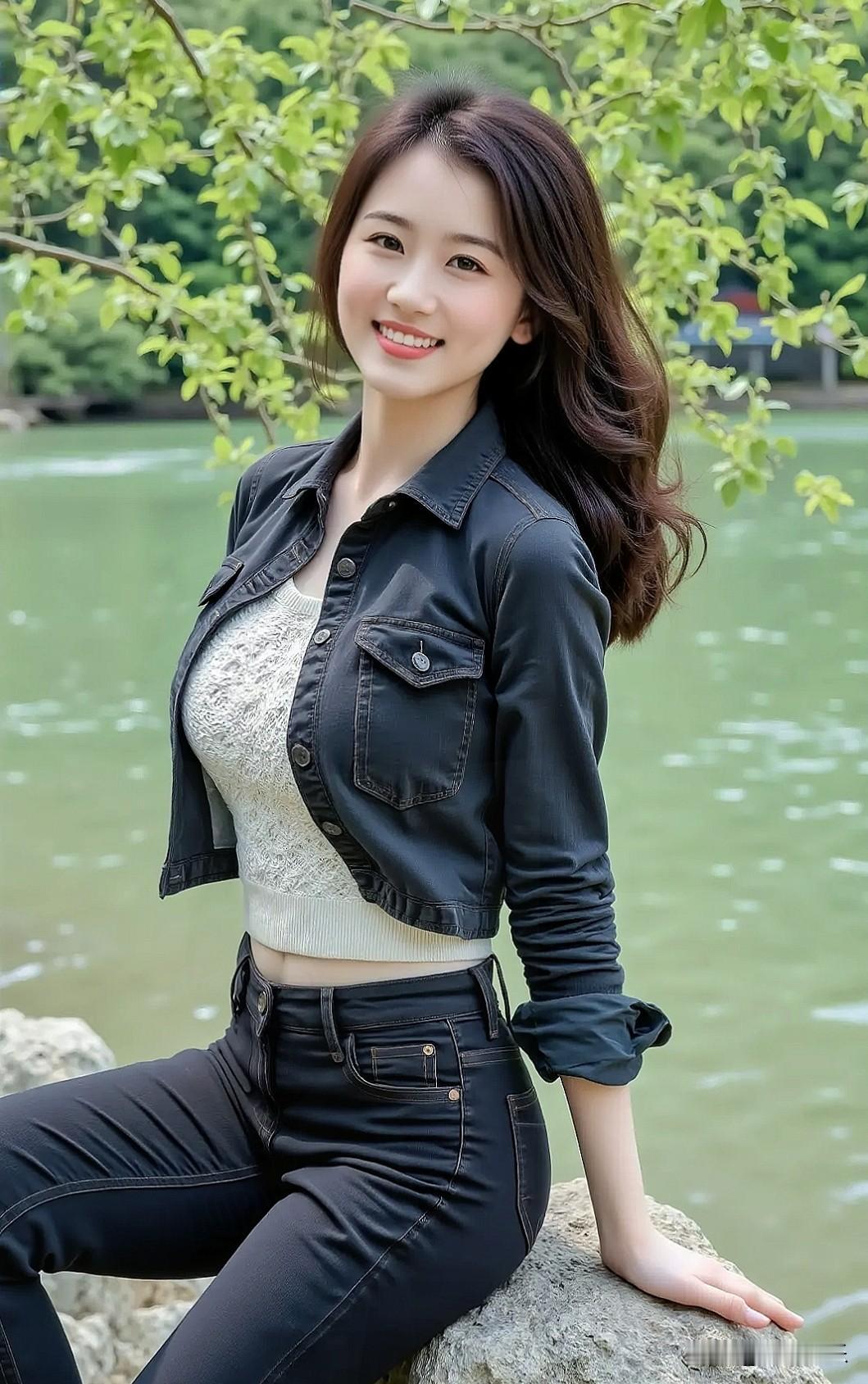 阳光下的甜美少女，在湖边微笑自拍，笑容比波光还要闪耀。美少女的微笑 自然美少女自