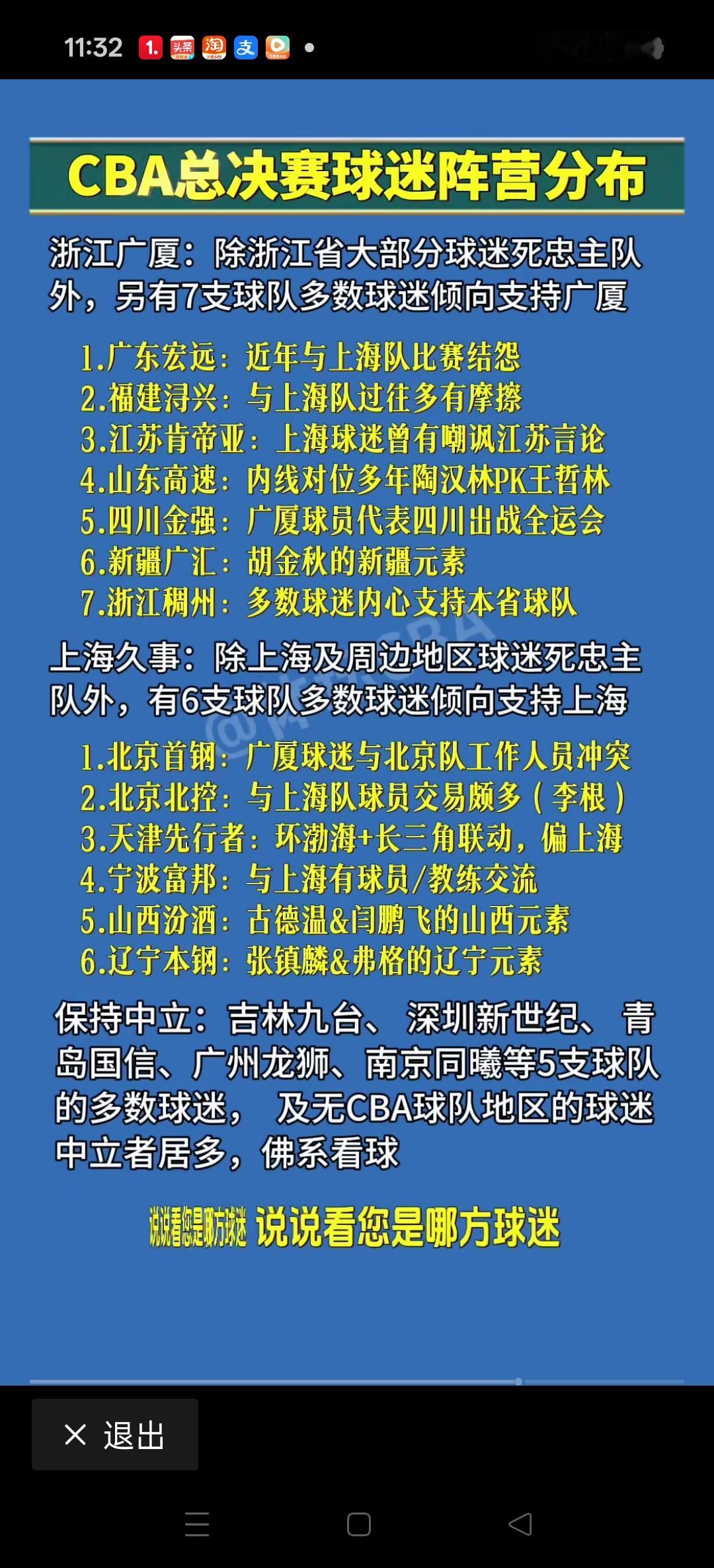 这球迷一定是CBA的老球迷。
20支球队有支持广厦的，有支持上海的。还有保持中立