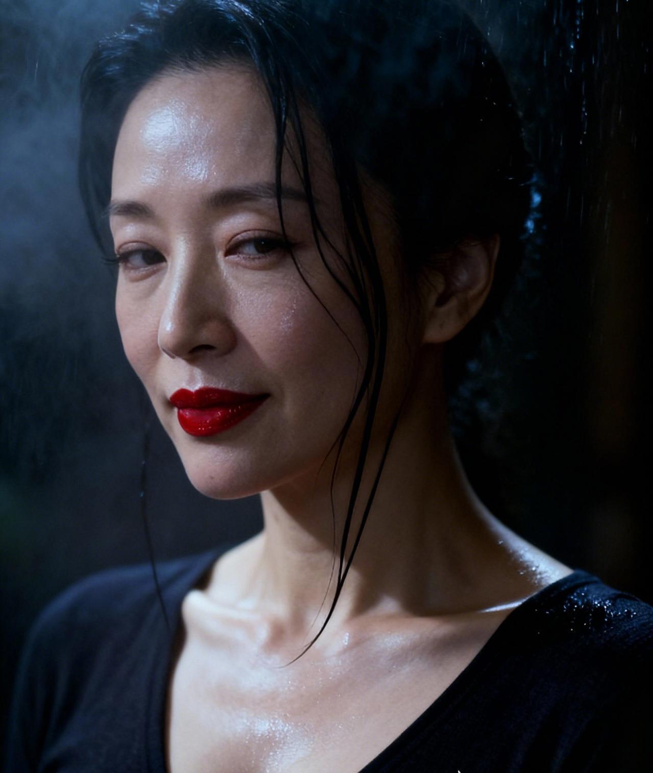 上联：香肩凝露，素影含情，雨幕轻笼翠黛深
下联：朱唇点绛，明眸流韵，风姿暗隐蕙心