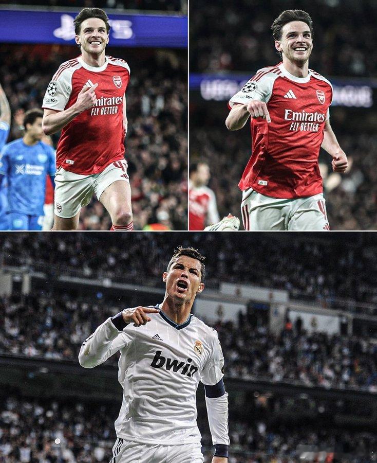 C罗 ESPN:赖斯在欧冠之夜模仿克里斯蒂亚诺·罗纳尔多庆祝进球阿森纳2比0勒沃