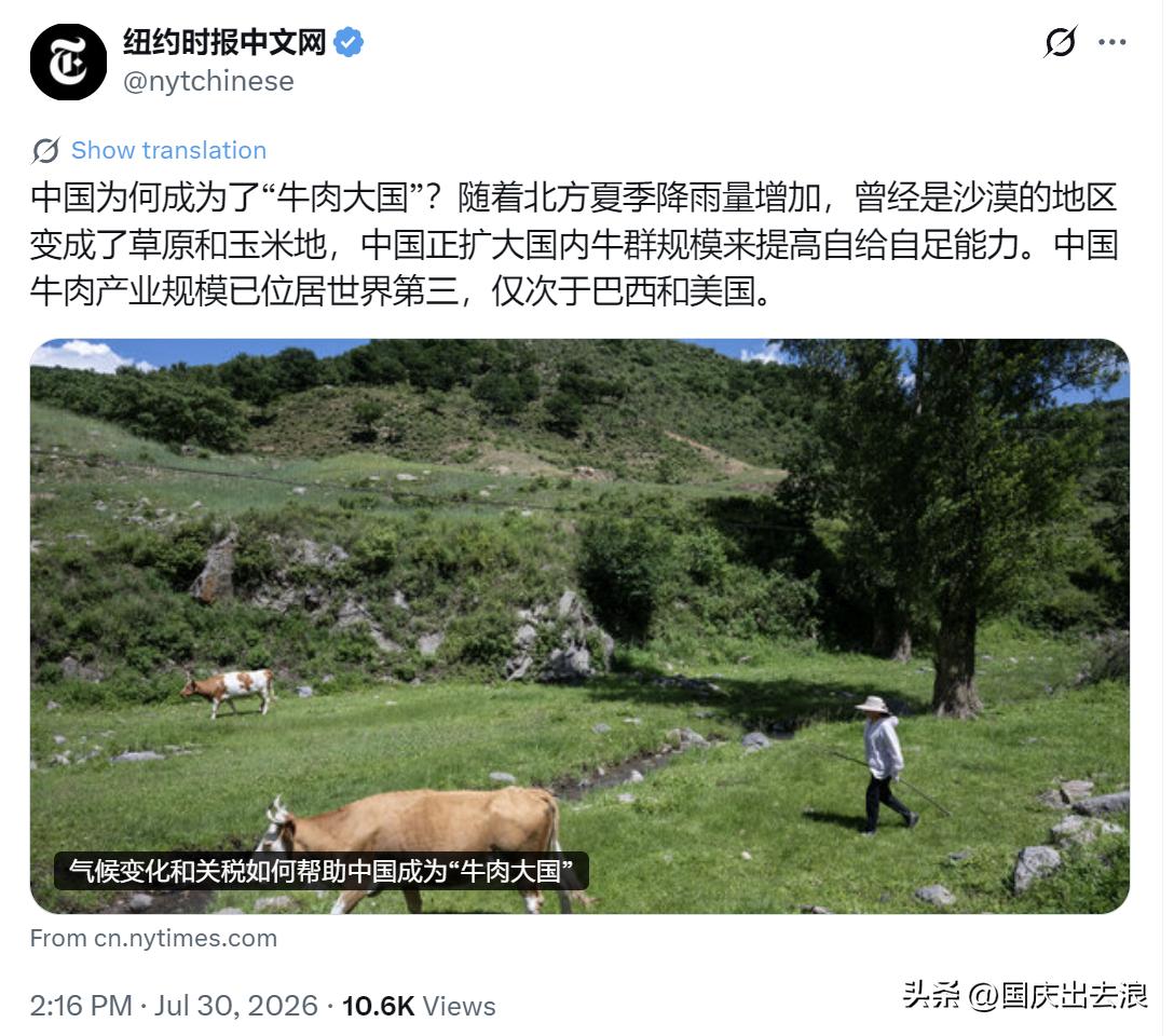 《纽约时报》7月30日发文，将中国牛肉产业的崛起归因于两个关键变化：一是气候变化