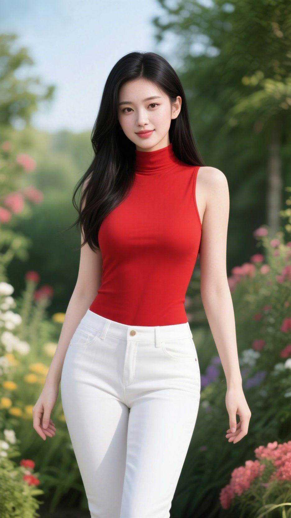 红衫伴春行
 
晴风裹着花色漫过园间，她身上的红衫像盛了半缕霞的明暖。无袖领角轻