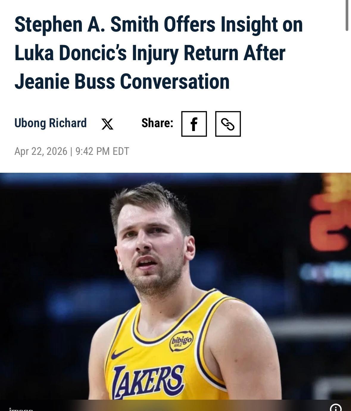 斯蒂芬·A·史密斯在周三ESPN节目中透露，他与湖人队老板珍妮·巴斯面谈后，得到