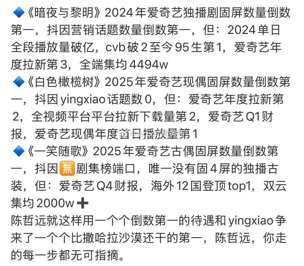 陈哲远原来在爱奇艺播剧竟然有这么多固屏倒数第一啊，论待遇没赢过论回报没赔过 