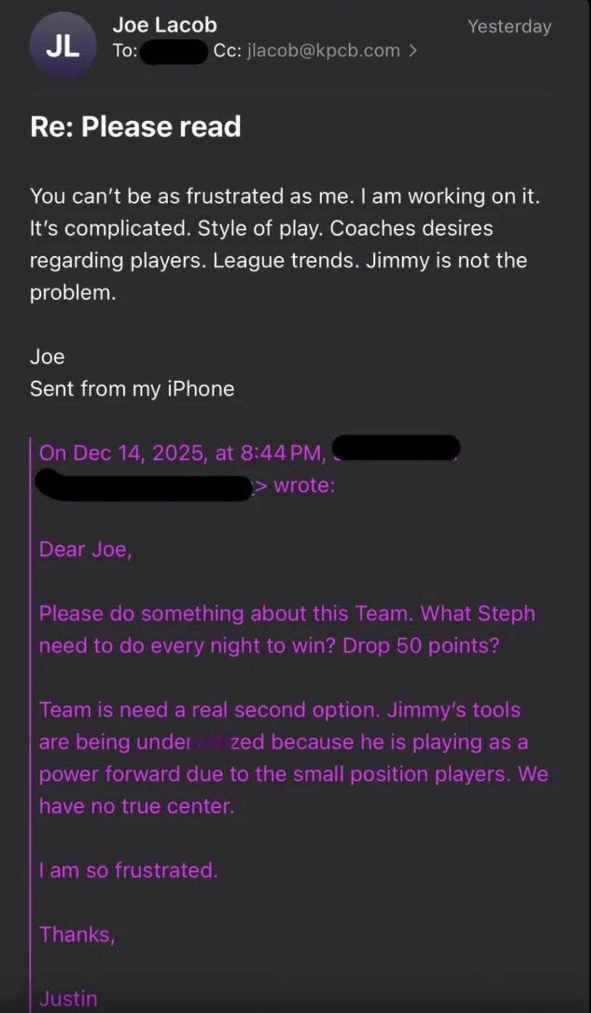 今日一位勇士球迷给勇士拉科布发了一封电子邮件 得到了本人的回复“ 亲爱的乔 请为