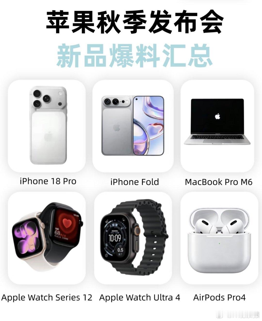 苹果6款新品前瞻苹果秋季发布会6款新品爆料汇总:iPhone 18 Pro/Pr