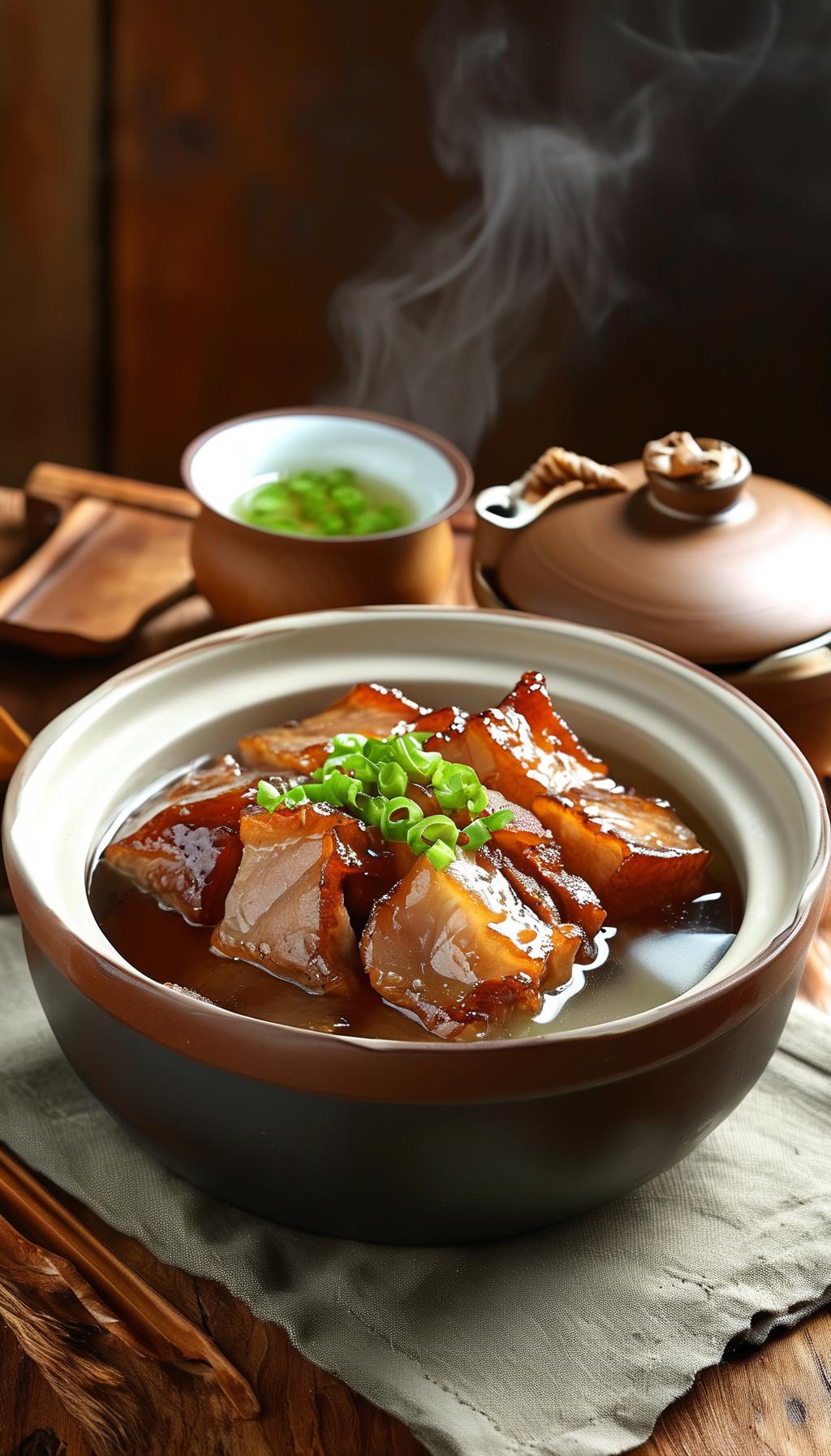 上联:一碗东坡肉，
下联：一壶龙井茶
一碗热气腾腾的东坡肉，色泽红亮，肥而不腻，