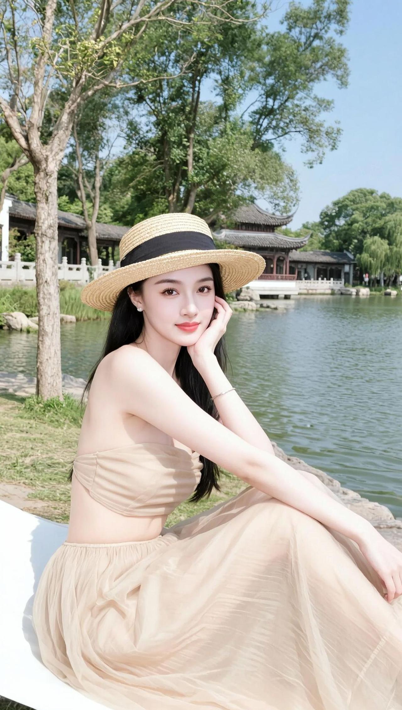 AI湖畔优雅写真 抖音ai创作 优雅气质 度假穿搭 氛围感美女