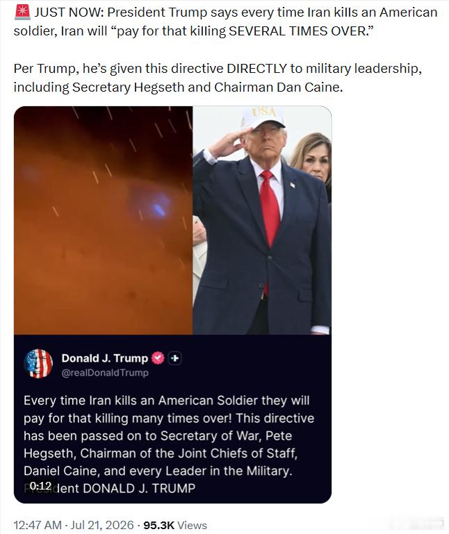 美国总统特朗普表示，伊朗每S害一名美国士兵，都将为此付出“数倍于此的代价”。特朗