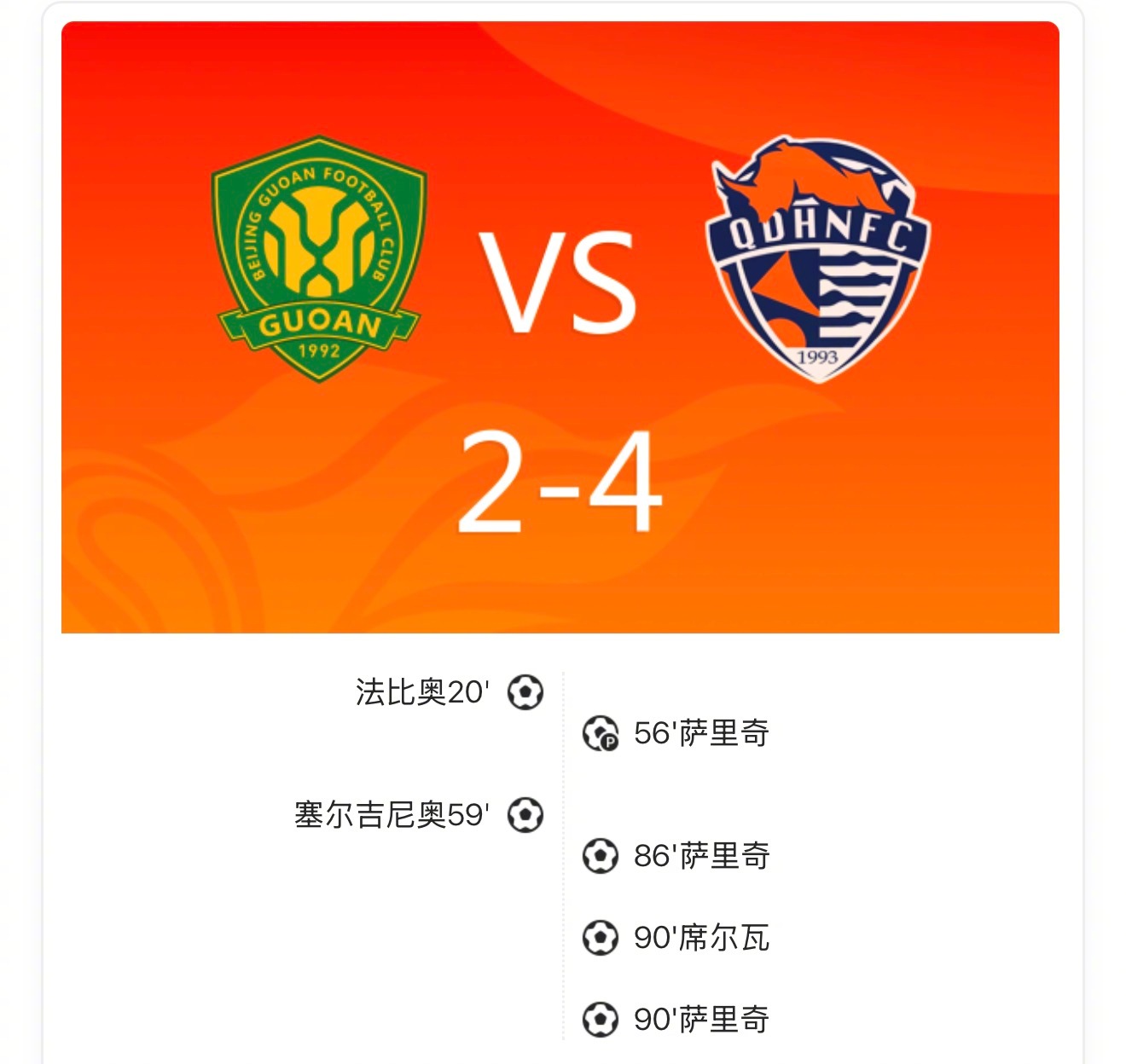 【中超：国安2-4海牛，萨里奇戴帽+扳平，席尔瓦绝杀】凭借萨里奇、席尔瓦的进球，