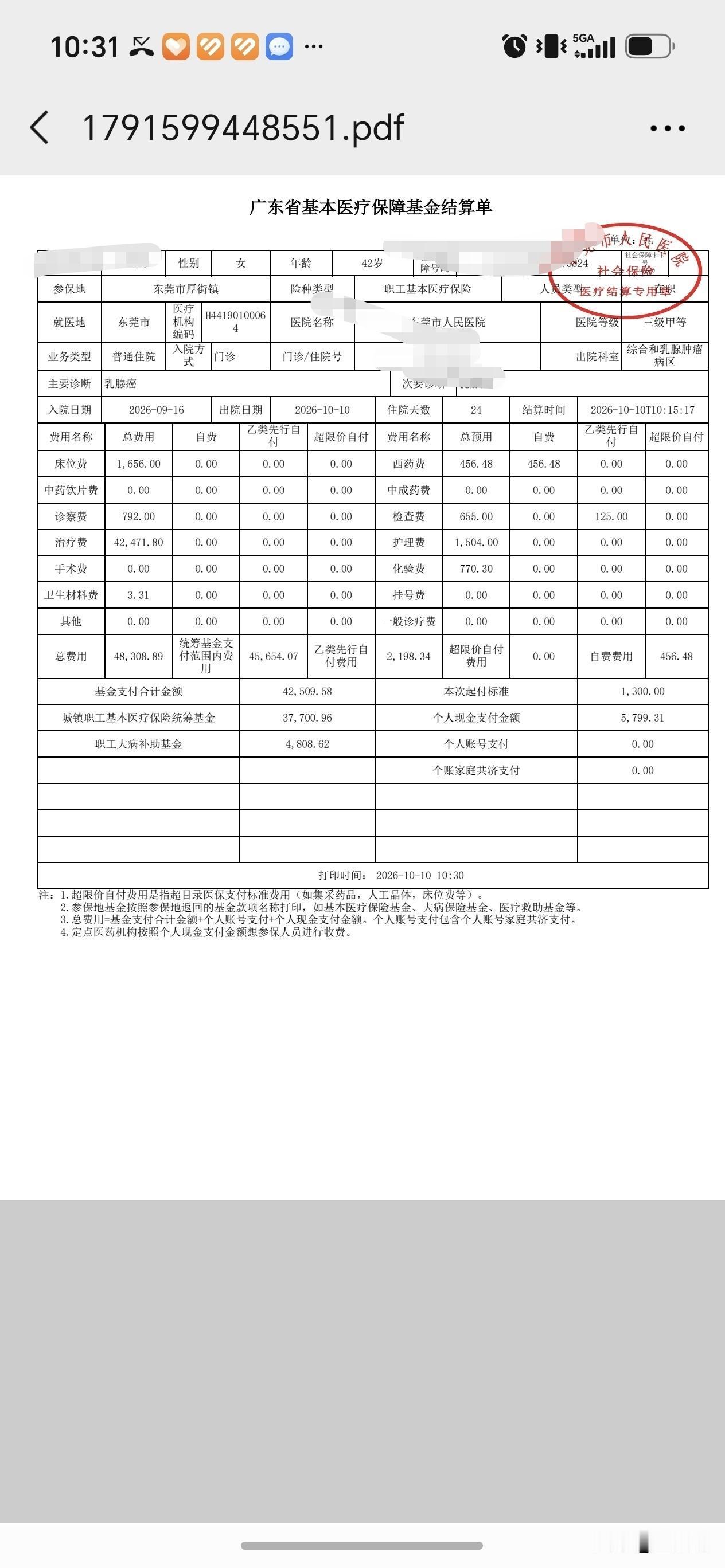 今天上午终于出院了，我以为这次放疗需要自费1万左右呢？没想到看到账单让我很意外了