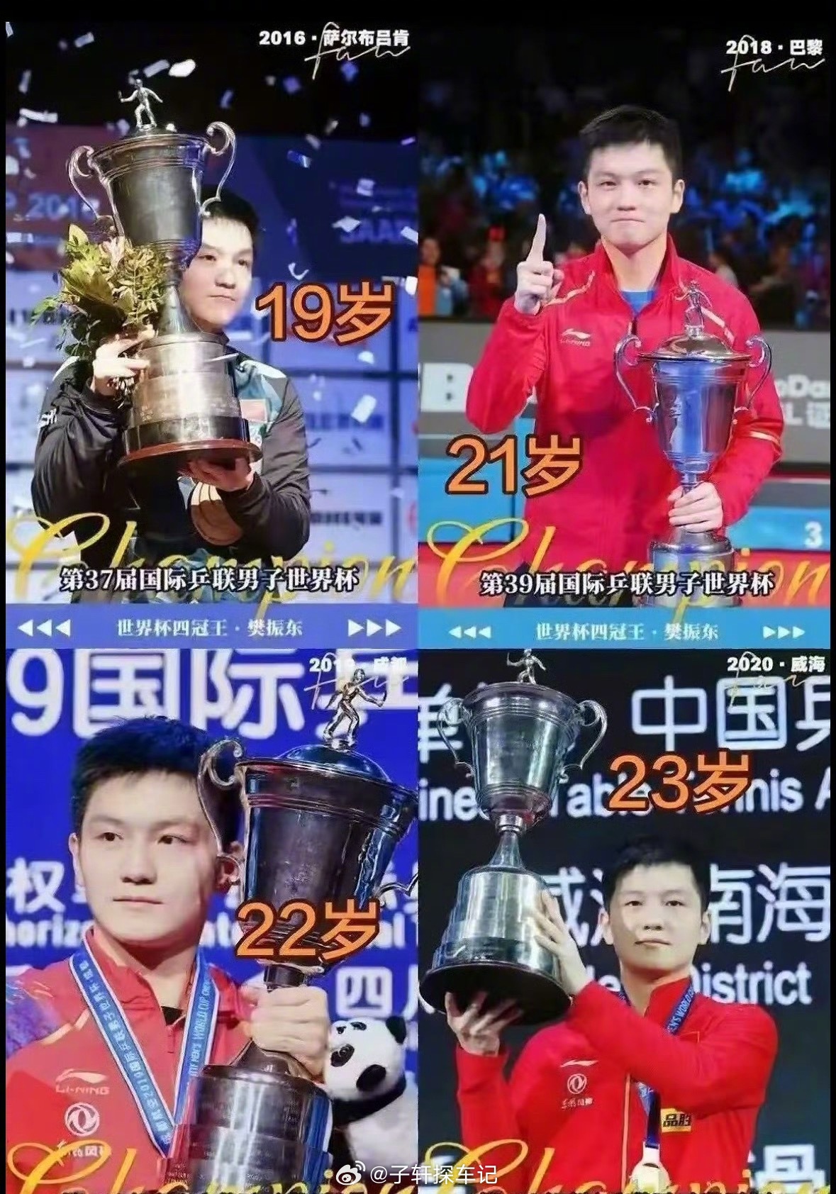 樊振东23岁成就世界杯四冠王23岁就拿下四个世界杯冠军，还达成史无前例三连冠，妥