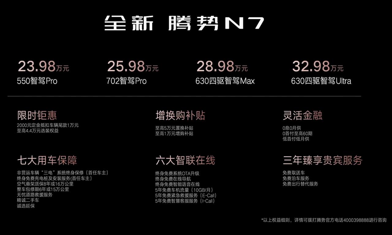 4月1日，源自比亚迪e平台3.0架构的腾势N7正式上市，包括550km、702k