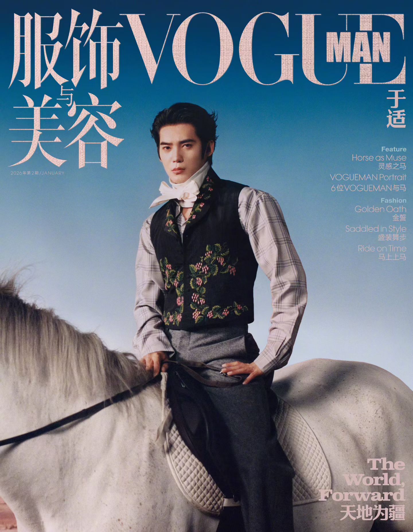 于适的VOGUEMAN开年刊封面，印花与高领结相映成趣，像是那种会为了寻找一片美