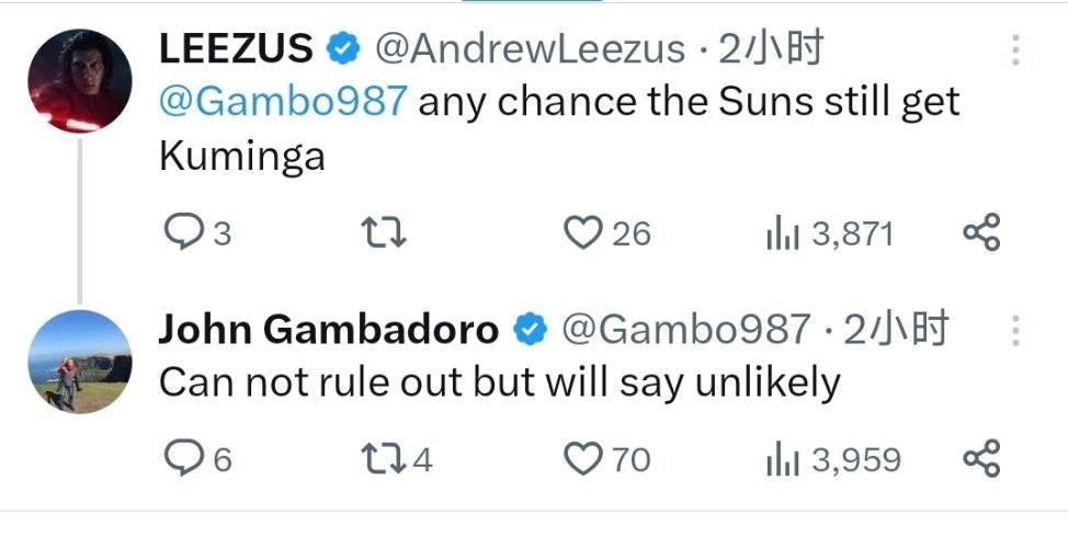 Gambadoro答球迷大V提问：太阳不太可能交易来库明加 ​​。nba中国赛2