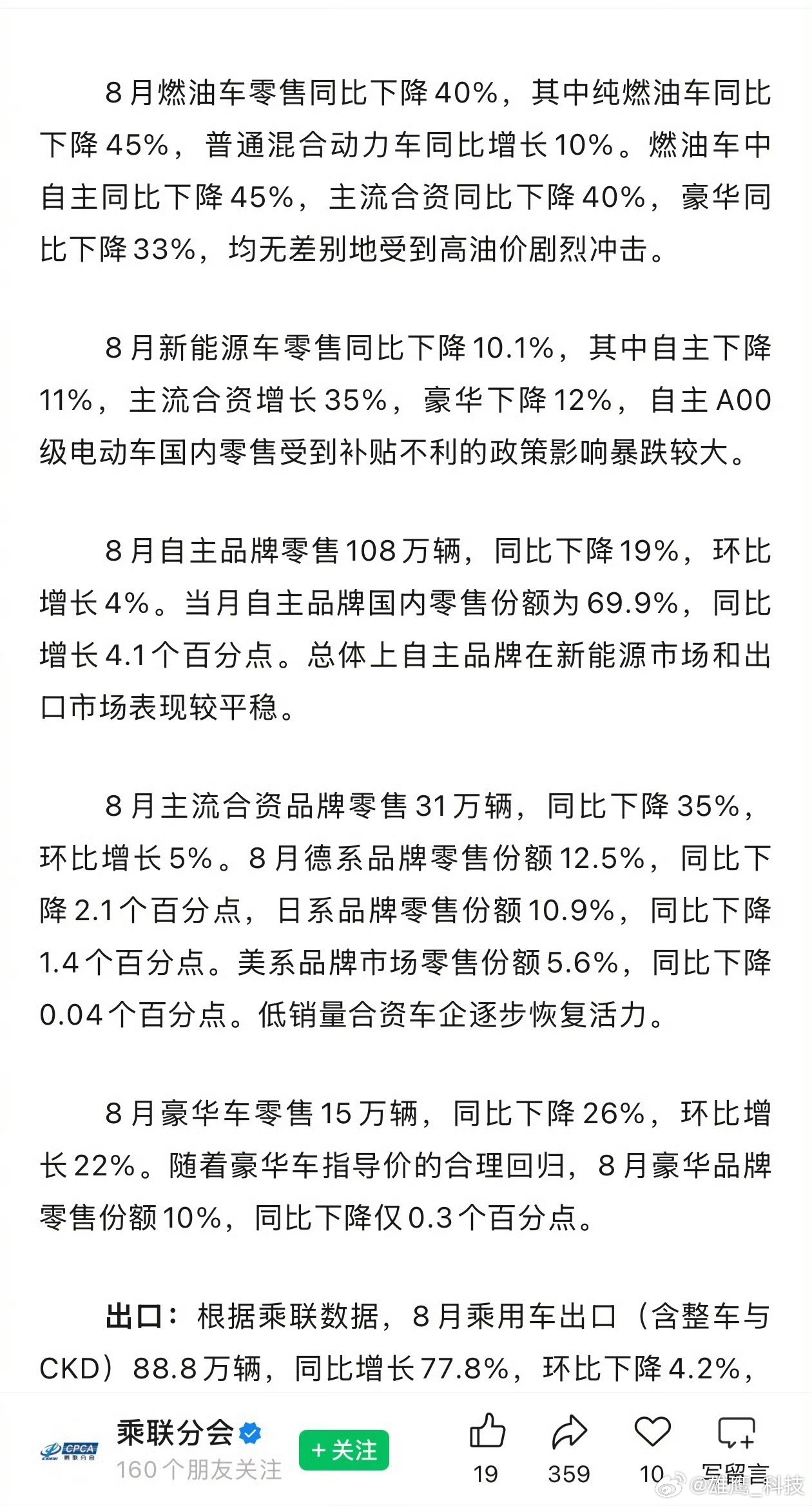 8月燃油车零售同比下降40%8月燃油车销量数据出来了，看完之后只能说油价的上涨?