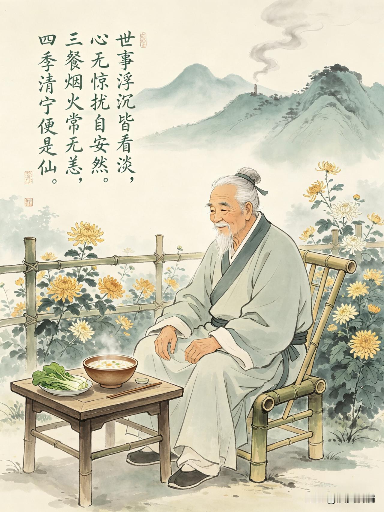 《世事浮沉皆看淡，心无惊扰自安然》

尘寰扰扰几时休，名利场中竞未收。
忽见青山