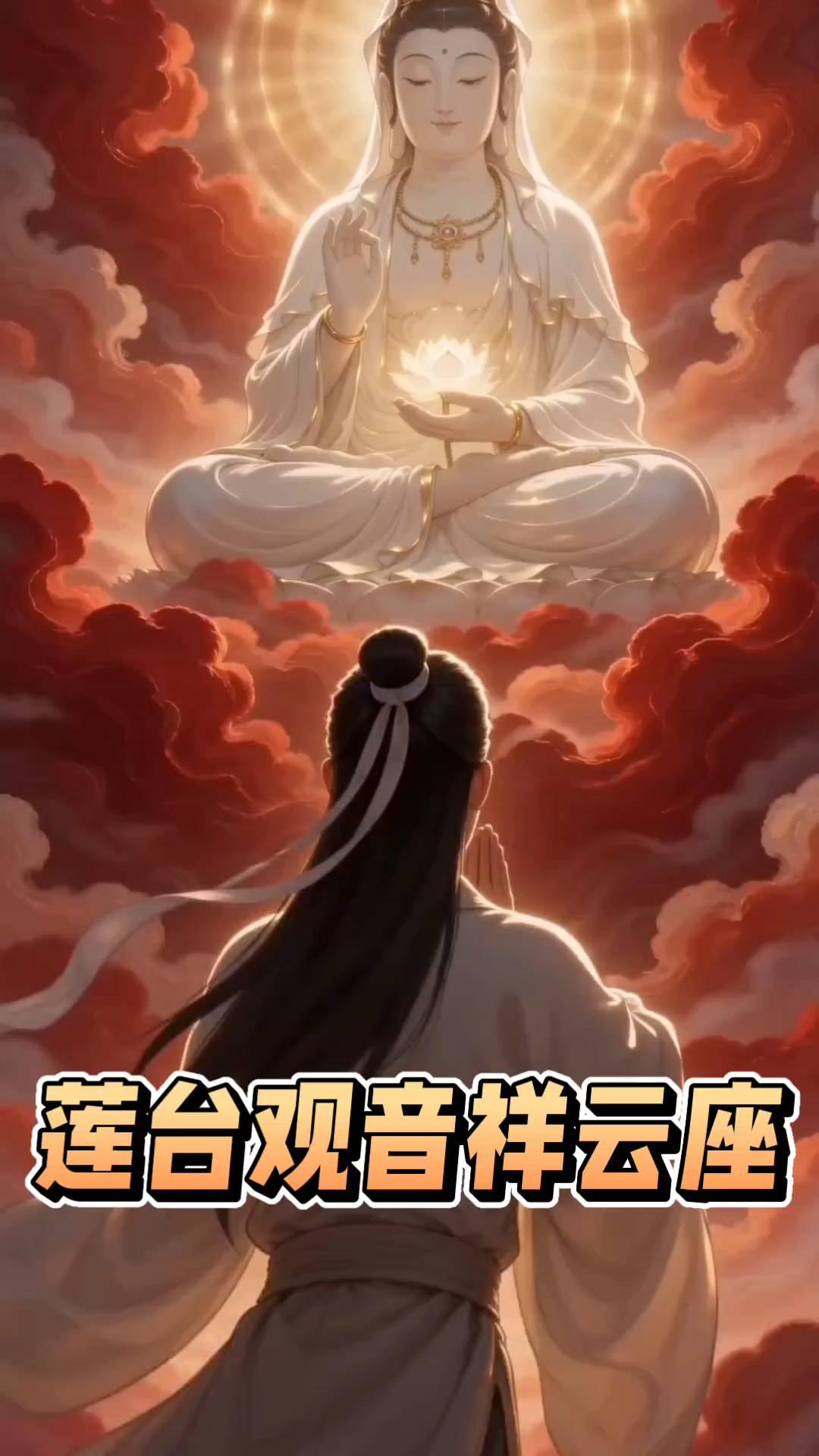 豆包AI生成。
莲台观音祥云座，仙莲一朵护福合。菩萨手捧莲花，想必圣上赐下消灾厄