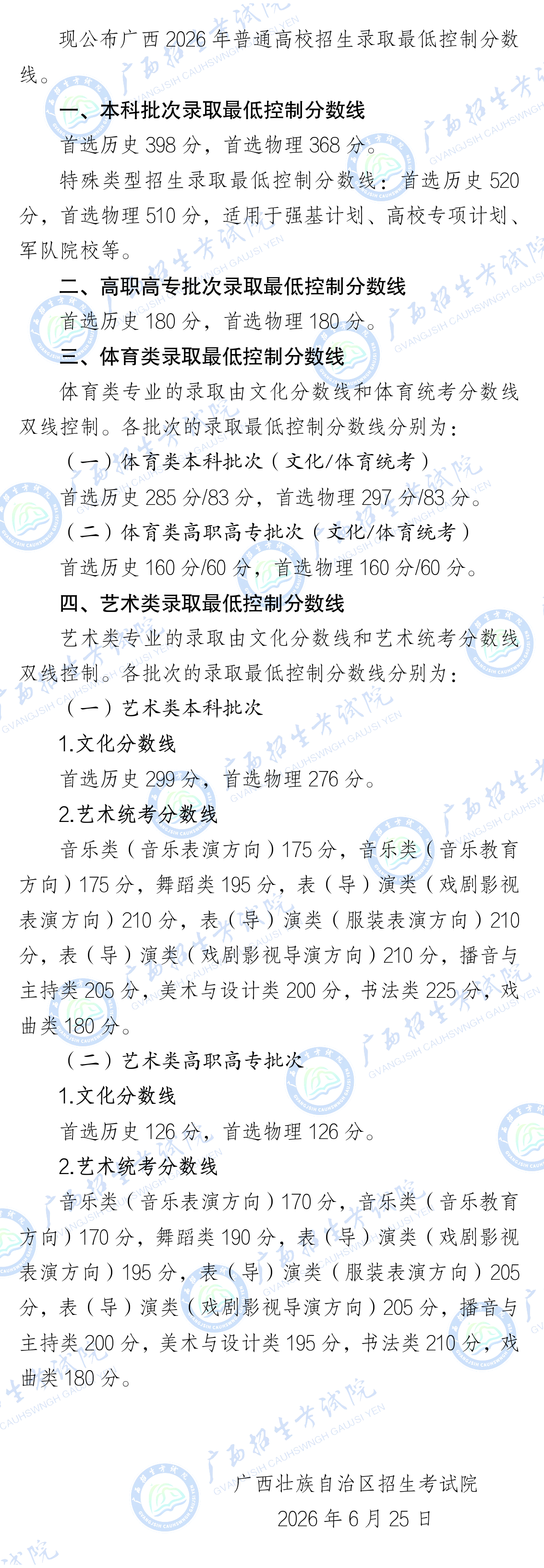 2026广西高考分数线出炉2026广西高考分数线6月25日，2026年广西高考分