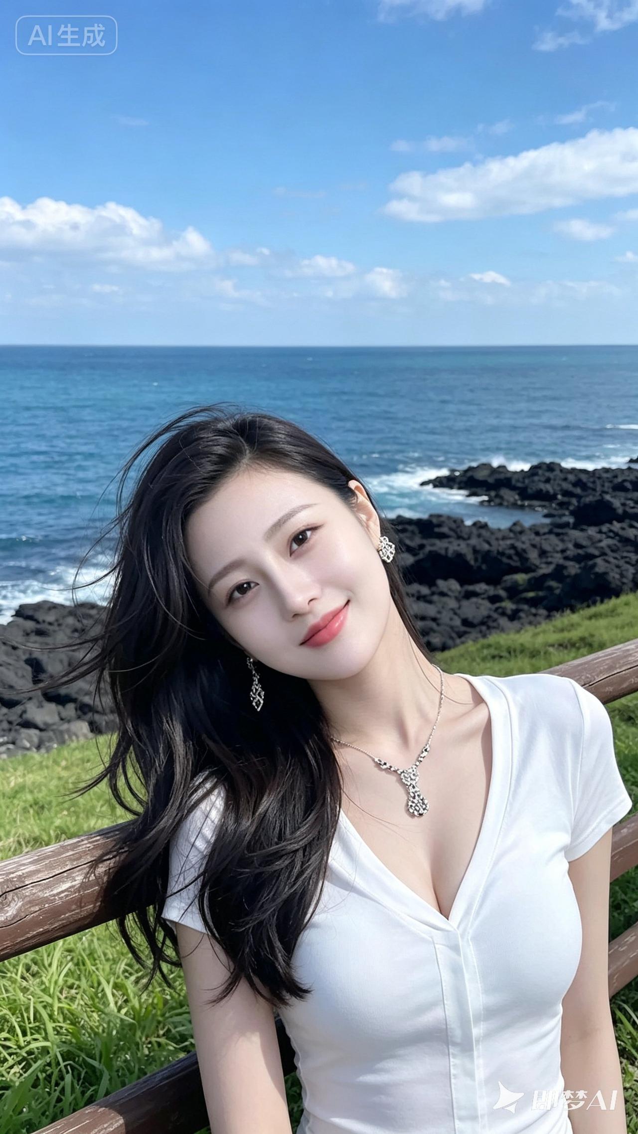 海边少女，微风轻拂，笑靥如花